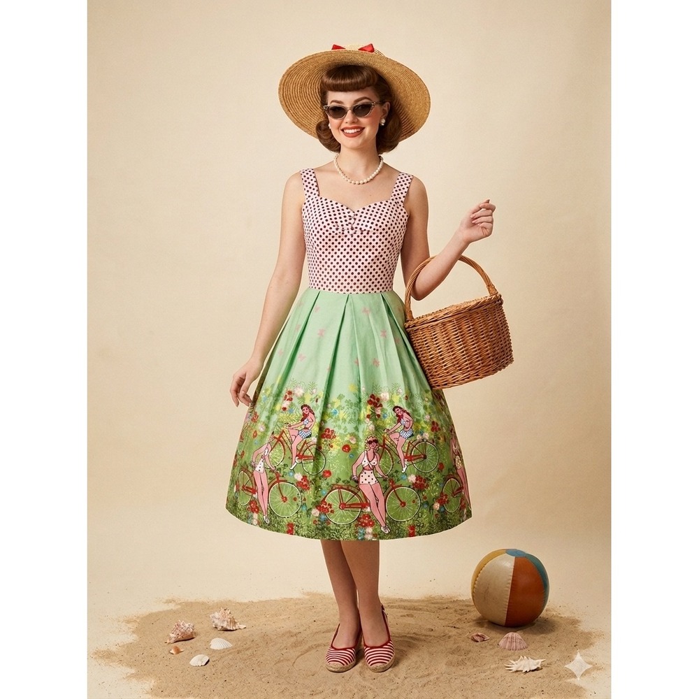 Retro 1950s Style Polka Dot Bicycle Print Swing Dress Green Red Small